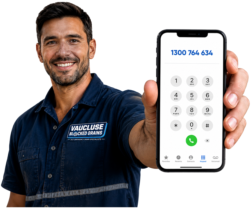 Vaucluse Blocked Drains plumber holding a phone — call 1300 764 634