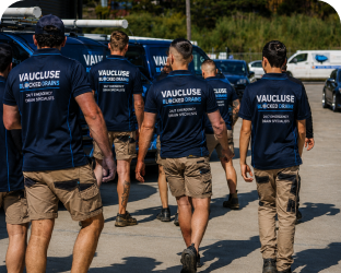 Plumbers walking to service vans