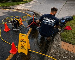 Plumber inspecting a blocked drain on site