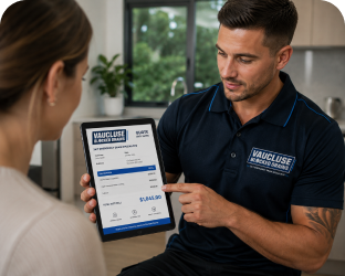 Plumber showing a service estimate on a tablet